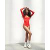 imageSUUKSESS Women V Neck Double Lined Bodysuit Sexy Long Sleeve Thong Bodysuit Shirts01 Red