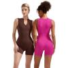 imageSUUKSESS Women Zip Up Sexy Rompers Ribbed Seamless Padded Workout Romper1 Brown