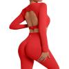 imageSUUKSESS Open Back Long Sleeve Scrunch Butt Booty Leggings Seamless Ribbed Workout Sets 2 Piece Outfits2 Red
