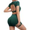 imageSUUKSESS Open Back Short Sleeve Scrunch Butt Booty Shorts Seamless Ribbed Workout Sets 2 Piece Outfits1 Dark Green