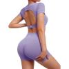 imageSUUKSESS Open Back Short Sleeve Scrunch Butt Booty Shorts Seamless Ribbed Workout Sets 2 Piece Outfits1 Purple