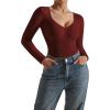 imageSUUKSESS Sweetheart V Neck Long Sleeve Bodysuit Ribbed Compression Bodysuits31 Wine Red