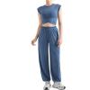 imageSUUKSESS Women 2 Piece Matching Lounge Workout Sets Outfits Sleeveless Cropped Tops Summer High Waisted Wide Leg PantsBlue