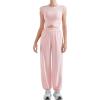 imageSUUKSESS Women 2 Piece Matching Lounge Workout Sets Outfits Sleeveless Cropped Tops Summer High Waisted Wide Leg PantsPink