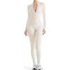 imageSUUKSESS Women 2 Piece Seamless Ribbed Workout Sets With Zip Up Jacket High Waisted Gym Yoga LeggingsBeige