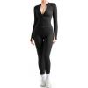 imageSUUKSESS Women 2 Piece Seamless Ribbed Workout Sets With Zip Up Jacket High Waisted Gym Yoga LeggingsBlack