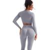 imageSUUKSESS Women 2 Piece Workout Sets Hidden Scrunch Butt Lifting Seamless Leggings Long Sleeve Yoga Crop TopsWashed Blue