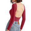 imageSUUKSESS Women Backless Y2k Long Sleeve Bodysuit Double Lined Open Back Sexy Basic TopWine Red