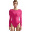 imageSUUKSESS Women Crew Neck Long Sleeve Bodysuit Sexy Thong Bodysuit Shirts01 Hot Pink