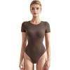 imageSUUKSESS Women Crew Neck Short Sleeve Thong Bodysuit Shirts Basic Top01 Brown