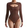 imageSUUKSESS Women Cutout Seamless Ribbed Bodysuit Long Sleeve Tank Top With Bra1 Brown