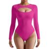 imageSUUKSESS Women Cutout Seamless Ribbed Bodysuit Long Sleeve Tank Top With Bra1 Hot Pink