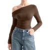 imageSUUKSESS Women Long Sleeve Off Shoulder Tops Trendy Cowl Neck Going Out Shirt for FallBrown