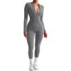 imageSUUKSESS Women Long Sleeve Ribbed Jumpsuit Zip up Front Workout Bodycon RomperGrey