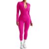 imageSUUKSESS Women Long Sleeve Ribbed Jumpsuit Zip up Front Workout Bodycon RomperHot Pink