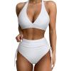 imageSUUKSESS Women Ribbed High Waist Bikini Sexy Drawstring Tummy Control SwimsuitsWhite