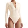 imageSUUKSESS Women Ribbed Seamless Bodysuit Sexy Zip up Front Long Sleeve Bodysuits Top02 Beige