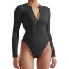 imageSUUKSESS Women Ribbed Seamless Bodysuit Sexy Zip up Front Long Sleeve Bodysuits Top02 Black