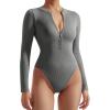 imageSUUKSESS Women Ribbed Seamless Bodysuit Sexy Zip up Front Long Sleeve Bodysuits Top02 Grey