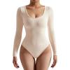 imageSUUKSESS Women Ribbed Seamless Long Sleeve Bodysuit Square Scoop Notch Neck BodysuitScoop Beige