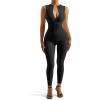 imageSUUKSESS Women Ribbed Seamless One Piece Jumpsuits Zip Up Sexy Bodycon Romper1 Black
