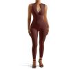 imageSUUKSESS Women Ribbed Seamless One Piece Jumpsuits Zip Up Sexy Bodycon Romper1 Brown