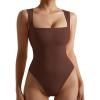 imageSUUKSESS Women Ribbed Square Neck Bodysuit Sleeveless Tank Tops19 Brown