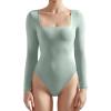 imageSUUKSESS Women Square Neck Long Sleeve Bodysuit Sexy Thong Bodysuit ShirtsCrab Green