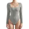 imageSUUKSESS Women Square Neck Long Sleeve Bodysuit Sexy Thong Bodysuit ShirtsLight Gray