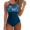 imageSUUKSESS Women Tummy Control One Piece Swimsuit Sexy Mesh High Neck Bathing Suit58 Blue Floral