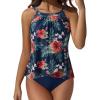 imageSUUKSESS Women Tummy Control Tankini Bathing Suit Ruffle High Waisted Swimsuit60 Tropical Floral Navy Blue