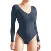 imageSUUKSESS Women V Neck Double Lined Bodysuit Sexy Long Sleeve Thong Bodysuit Shirts01 Navy