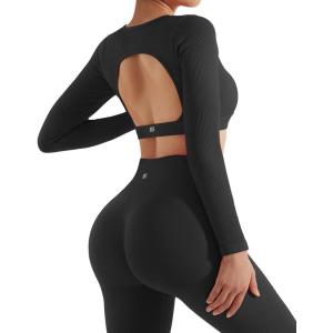 imageSUUKSESS Open Back Long Sleeve Scrunch Butt Booty Leggings Seamless Ribbed Workout Sets 2 Piece Outfits2 Black