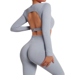 imageSUUKSESS Open Back Long Sleeve Scrunch Butt Booty Leggings Seamless Ribbed Workout Sets 2 Piece Outfits2 Grey