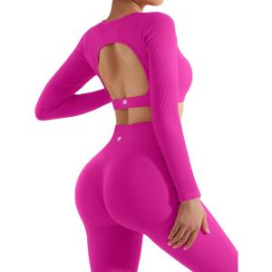 imageSUUKSESS Open Back Long Sleeve Scrunch Butt Booty Leggings Seamless Ribbed Workout Sets 2 Piece Outfits2 Hot Pink