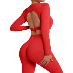 imageSUUKSESS Open Back Long Sleeve Scrunch Butt Booty Leggings Seamless Ribbed Workout Sets 2 Piece Outfits2 Red