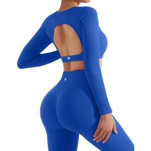 imageSUUKSESS Open Back Long Sleeve Scrunch Butt Booty Leggings Seamless Ribbed Workout Sets 2 Piece Outfits2 Royal Blue