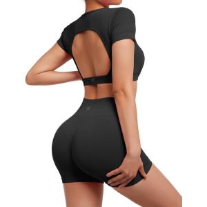 imageSUUKSESS Open Back Short Sleeve Scrunch Butt Booty Shorts Seamless Ribbed Workout Sets 2 Piece Outfits1 Black