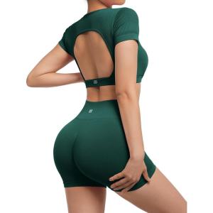 imageSUUKSESS Open Back Short Sleeve Scrunch Butt Booty Shorts Seamless Ribbed Workout Sets 2 Piece Outfits1 Dark Green