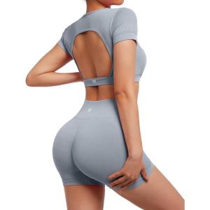 imageSUUKSESS Open Back Short Sleeve Scrunch Butt Booty Shorts Seamless Ribbed Workout Sets 2 Piece Outfits1 Grey