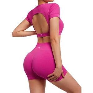 imageSUUKSESS Open Back Short Sleeve Scrunch Butt Booty Shorts Seamless Ribbed Workout Sets 2 Piece Outfits1 Hot Pink