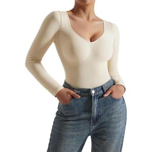 imageSUUKSESS Sweetheart V Neck Long Sleeve Bodysuit Ribbed Compression Bodysuits31 Beige