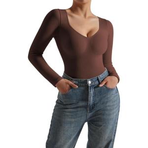 imageSUUKSESS Sweetheart V Neck Long Sleeve Bodysuit Ribbed Compression Bodysuits31 Brown