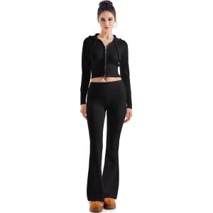 imageSUUKSESS Women 2 Piece Knit Sets Cropped Zip Up Hoodie Foldover Flare Leg PantsBlack