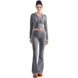 imageSUUKSESS Women 2 Piece Knit Sets Cropped Zip Up Hoodie Foldover Flare Leg PantsHemp Gray