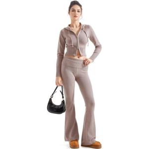 imageSUUKSESS Women 2 Piece Knit Sets Cropped Zip Up Hoodie Foldover Flare Leg PantsKhaki