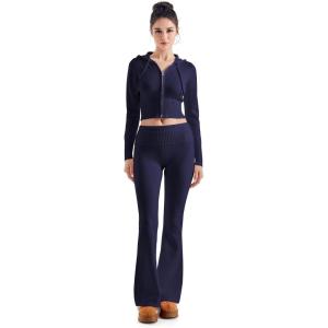 imageSUUKSESS Women 2 Piece Knit Sets Cropped Zip Up Hoodie Foldover Flare Leg PantsNavy Blue