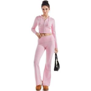 imageSUUKSESS Women 2 Piece Knit Sets Cropped Zip Up Hoodie Foldover Flare Leg PantsPink