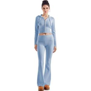 imageSUUKSESS Women 2 Piece Knit Sets Cropped Zip Up Hoodie Foldover Flare Leg PantsSky Blue