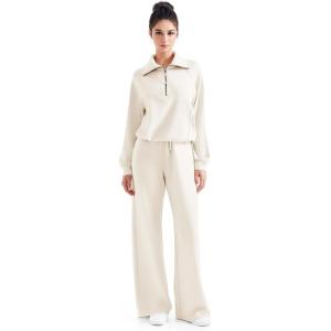 imageSUUKSESS Women 2 Piece Lounge Matching Set Wide Leg Sweatpant Half Zip SweatshirtApricot